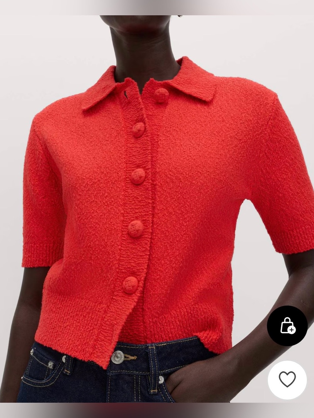 Marks & Spencer Red Short Sleeve Button-Up Bouclé Sweater